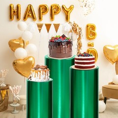 Set of 3 Cylinder Spandex Stand Covers, Green, Foil Fabric-Large