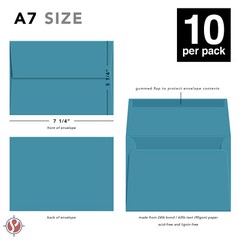 A7 Envelopes, 5 1/4″ x 7 1/4″, Cerulean Blue, Square Flap, 24w (90gsm), 10 Qty