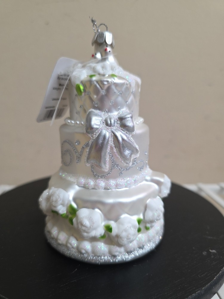 Wedding Cake Ornament White Silver Christmas Gift Tree Holiday Glitter RAZ NWT