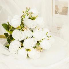 WHITE 3 Bouquets 13″ Silk Rose Bud Artificial FLOWER Bushes Party Decorations