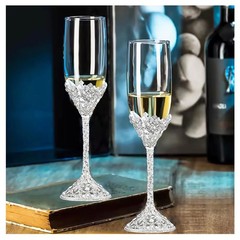 Popgege Wedding Champagne Flutes Set of 2 – Metal Base With Crystal Stones,