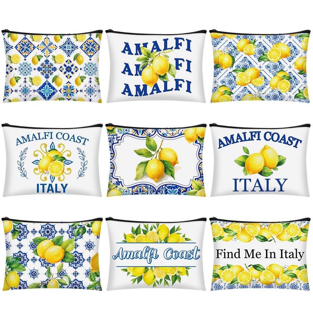 9 Pcs Amalfi Coast Cosmetic Bag Italy Lemons Canvas Makeup Bags Romantic Lemo…
