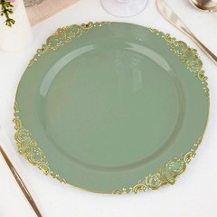 10 DUSTY SAGE GOLD 10″ Round Plastic Salad Dinner PLATES Embossed Baroque Rim