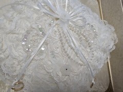 Lillian Rose Ring Bearer Pillow Vtg Layers of Lace Sequins Faux Pearls Ribbons