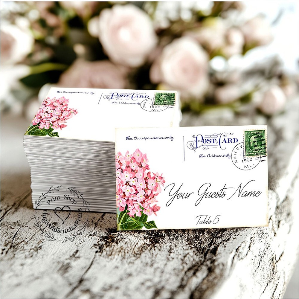VINTAGE STYLE HYDRANGEA POSTCARD WEDDING PLACE CARDS, TAGS or ESCORT CARDS #540