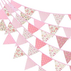 39Ft Triangle Bunting Banner, 42Pcs Tea Floral Party Bunting Cotton Pink
