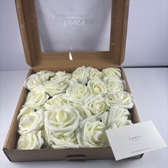 25 Ling’s Moment Artificial Foam Ivory Roses With Stems & Leaves Flowers NOB