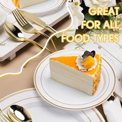 White and Plastic Dinnerware Set for 50 Guests, Disposable Party 350 PCS Gold