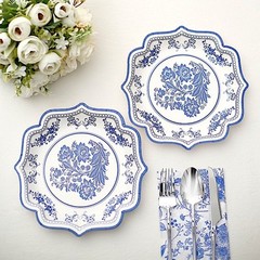 25 WHITE 8″ Paper Dessert PLATES BLUE Floral Print Scalloped Rim Party Events