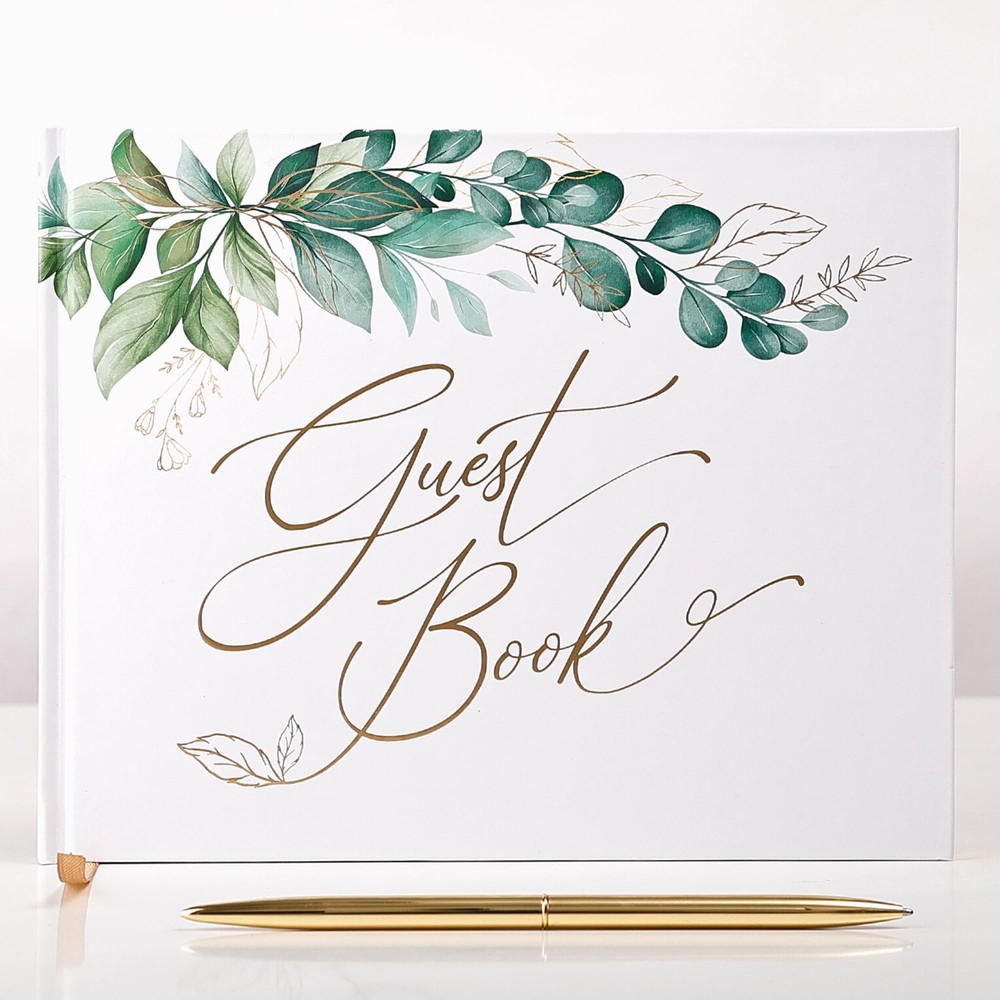 Gold Foil Greenery Wedding Guest Book 7 x 9 inches | Pen & Table Sign | Resgi…