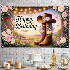 Western Cowgirl Birthday Backdrop Banner Country Boot Hat Floral Glitter Brow…