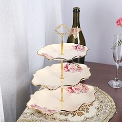 3-Tier Floral Royal Cupcake Stand, Vintage Fruit Plate with Gold Trim,