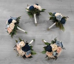 Pink Dusty Blue Bridal Cascade Bouquet Navy Sola Wood Bridesmaid Wedding Decor