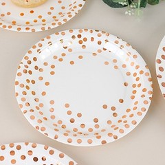 25 WHITE 9″ Round PAPER PLATES ROSE GOLD Polka Dots Party Events Home Tableware