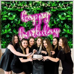7x5ft Green Leaves Happy Birthday Decoration for Women Shiny Pink Neon Sign P…