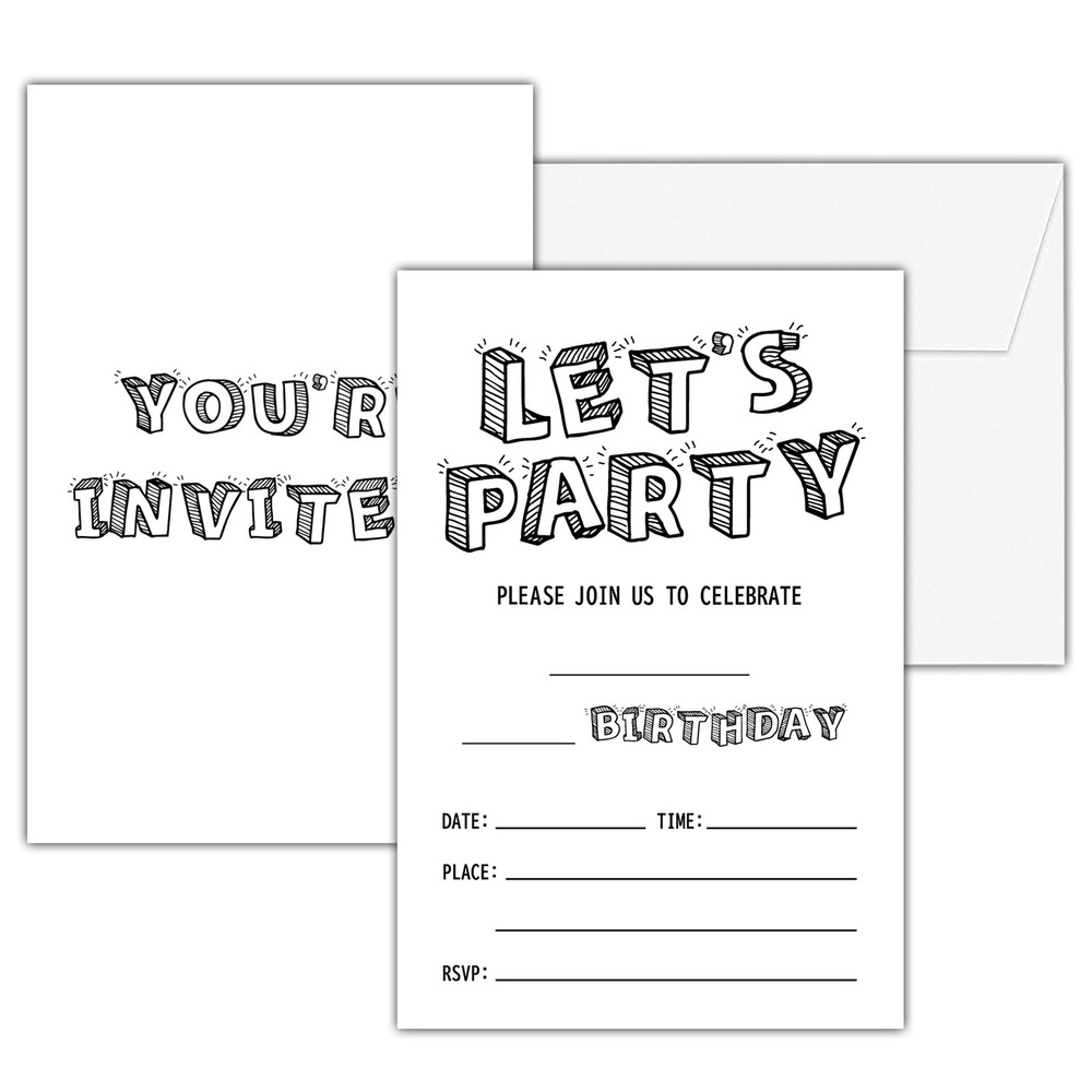 Black and White Birthday Invitations, 25 Double-Sided Invitation Cards with 2…
