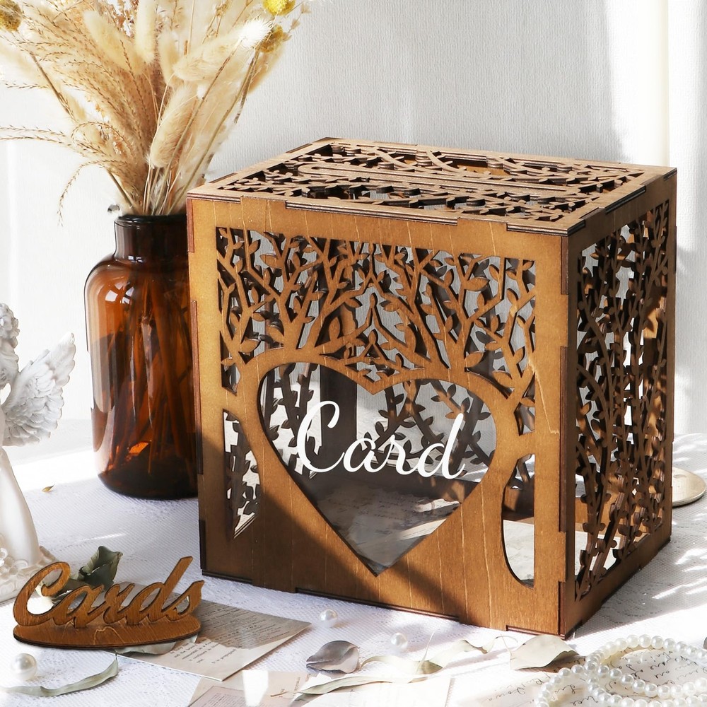 1 PCS Wooden Wedding Card Box With Slot Acrylic Window Money Gift Brown