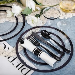 350 Pcs Clear and Black Plastic Plates,Black 350 Piece(50 Guests) Clear Black