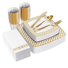 175 Ct Gold Dinnerware Set for 25 Guests – Square Gold Diamond Rim Plates