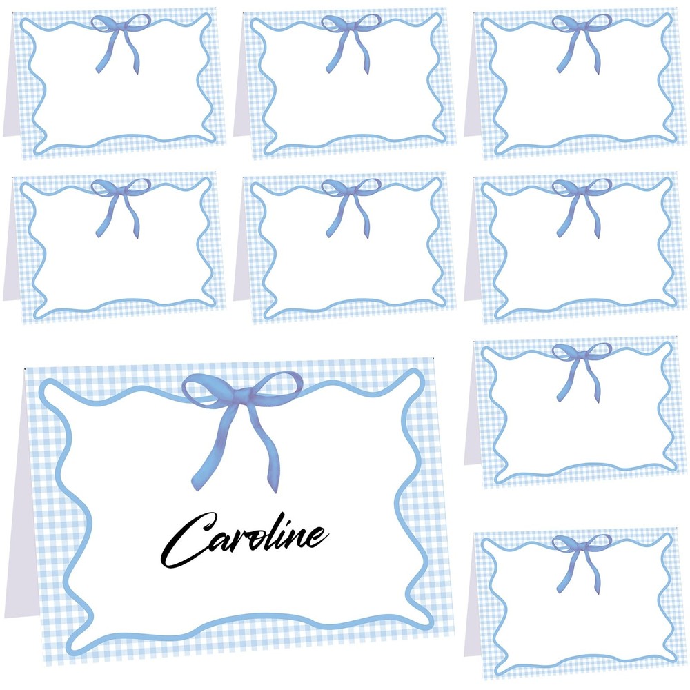24 PCS Blue Gingham Picnic Party Bow Place Cards 6×4 Inch Summer Tent Label