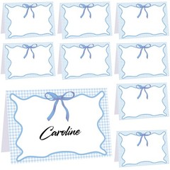 24 PCS Blue Gingham Picnic Party Bow Place Cards 6×4 Inch Summer Tent Label