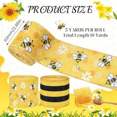 2 Rolls 10 Yards Bee Wired Edge Ribbon 2.5 Inch Bumble Bee Honeycomb Daisy