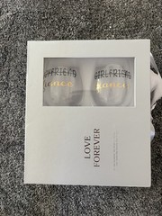 Fiancé & Fiancée Stemless Wine Glass Set 2 w/ Burlap Gift Bag Wedding Engagement
