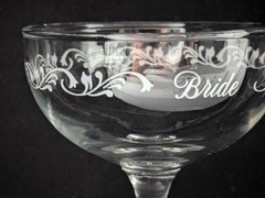 Vintage Bride & Groom Champagne Coupe Glasses Etched Scroll Wedding Toast Set