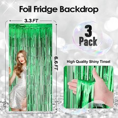 3 Pack Green Foil Fringe Backdrop Curtain 3.3ft*6.6ft Streamers Curtain for P…