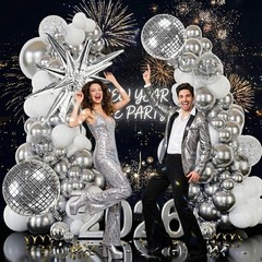 Disco Party Balloon Garland Arch Kit 134 Pcs Metallic Silver Matte White Conf…