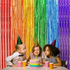 2 Pack Rainbow Foil Fringe Curtains, 3.3×6.6 Ft Metallic Tinsel Backdrop Part…