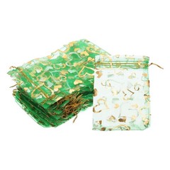 100 Pcs 4×6 Inch Sheer Heart Printed Organza Bags with Drawstring, Green
