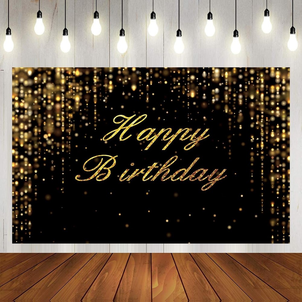 5x3ft Black And Gold Happy Birthday Banner Backdrop Decorations Golden Sparkl…
