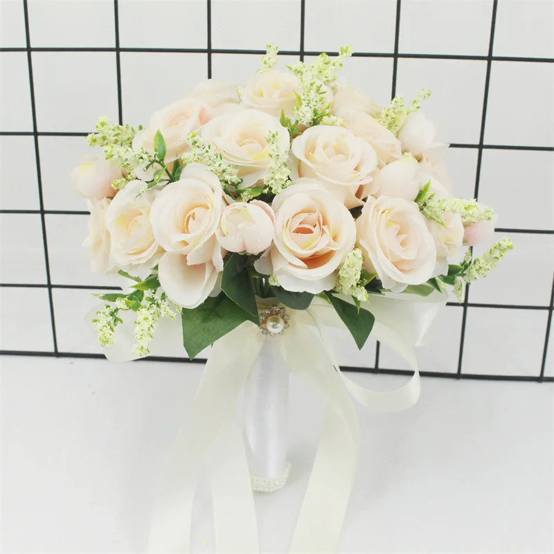 White Silk Rose Bridal Bouquet Handmade Artificial Wedding Flowers Bride Decor