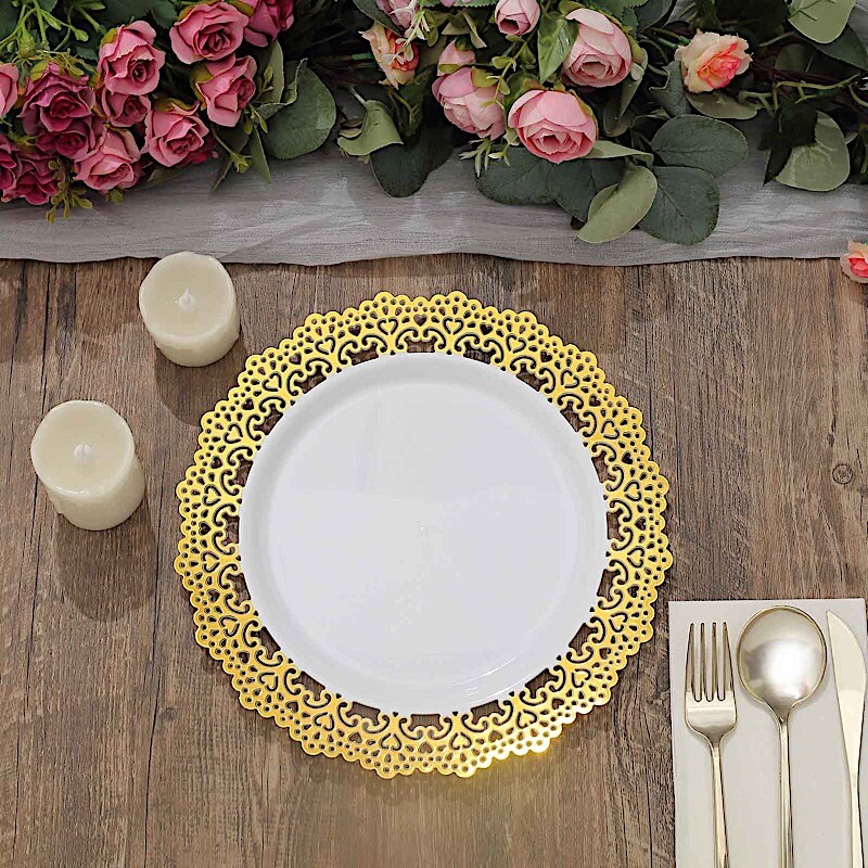 10 WHITE 10″ Round Plastic Salad Dinner PLATES Gold Lace Rim Party Decorations
