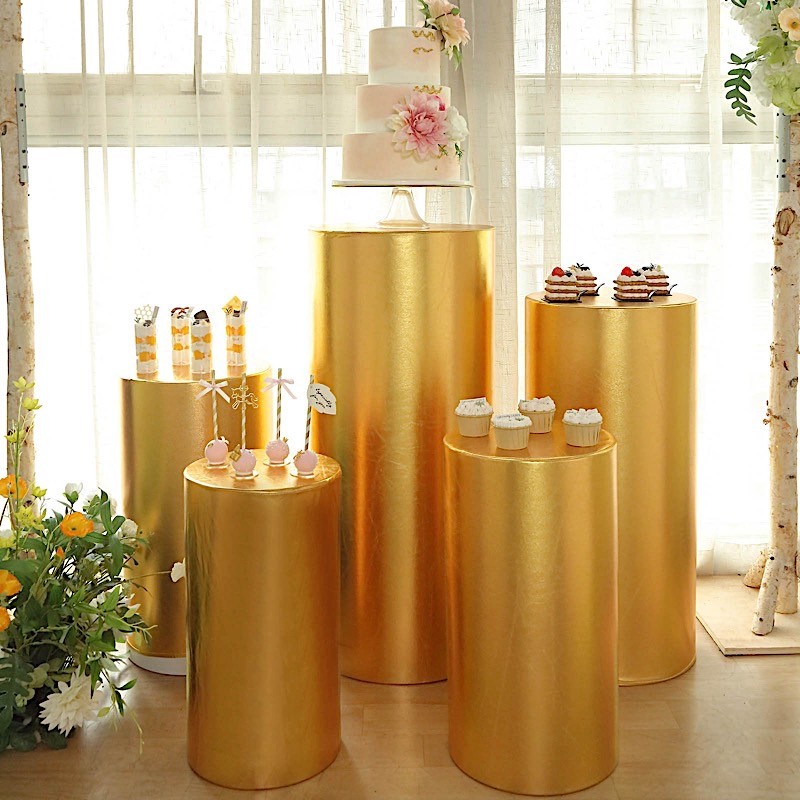 5 GOLD Fitted Metallic Spandex Cylinder Display STAND COVER Set Party Events