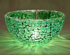 Compote Bowl Vase Green Mosaic on Glass Centerpiece 6″D 2.5″H Set/2 FREE SHIPING