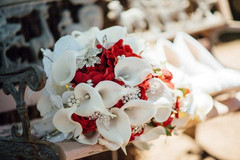 Romantic Red Calla Lily & Rose Bridal Bouquet with Pearls & Diamonds