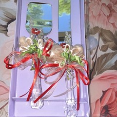 Wedding Champagne Flutes Set of 2 Clear Glass Decorated Floral Pattern