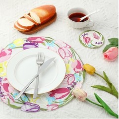12 Pcs 14″ Spring Floral Embroidered Placemats and Coaster Set of Tulips