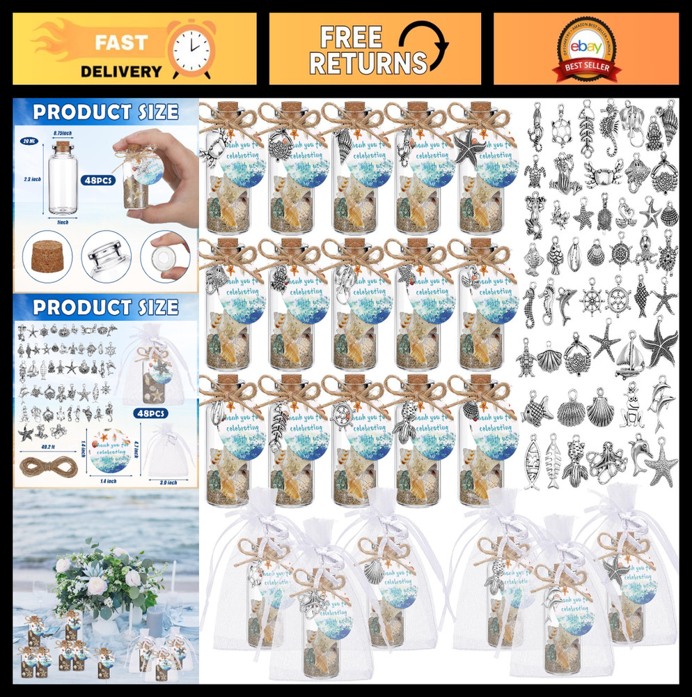 48 Sets Beach Wedding Favors – Nautical Glass Message Bottles with Corks & Seash