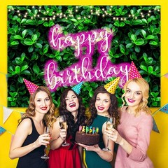 7x5ft Green Leaves Happy Birthday Decoration for Women Shiny Pink Neon Sign P…