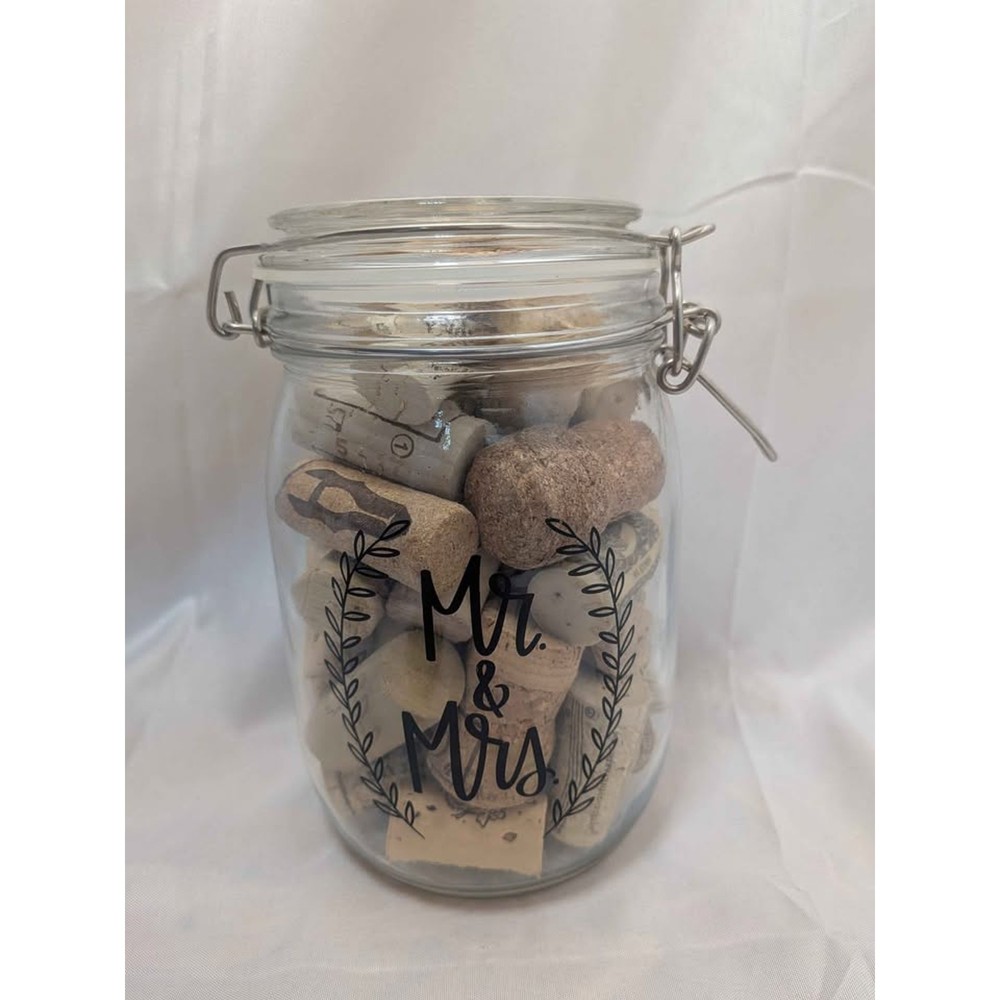 Mr & Mrs Glass Bale Jar with Wine Corks Wedding Centerpiece Bridal Shower Decor