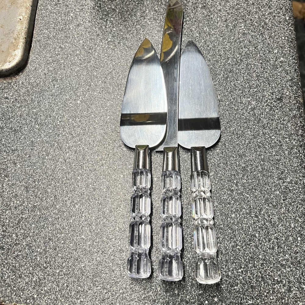 Wedding/ Holiday Cake Cutter 3pc Set~ Stainless Steel ~Clear/ Beveled Handles