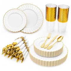 175PCS White and Gold Plastic Plates Set – Heavy Duty Disposable Dinner Plates