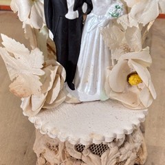 Vtg 1950s Bride Groom Wedding Cake Topper w Signed Bell, Sugar & Composition
