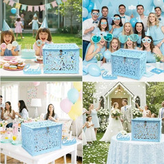 Blue Wedding Card Box for Party, PVC Gift Card Box for Wedding Decorations wi…