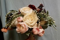 Bridal Bouquet Spray Peonies Roses Burgundy Peach White Sateen Wrapped Stems