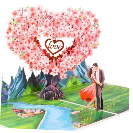 Pop Up Anniversary Cards 3D Cherry Blossom Couple in Love, Heart Cherry