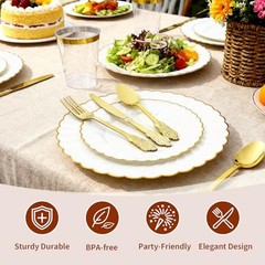 175PCS White and Gold Plastic Plates Set – Heavy Duty Disposable Dinner Plates